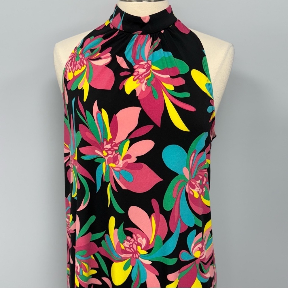 NWT TRINA TURK Halter Dress L Hana Hou Vibrant Black Tropical Floral Resortwear - Picture 6 of 13